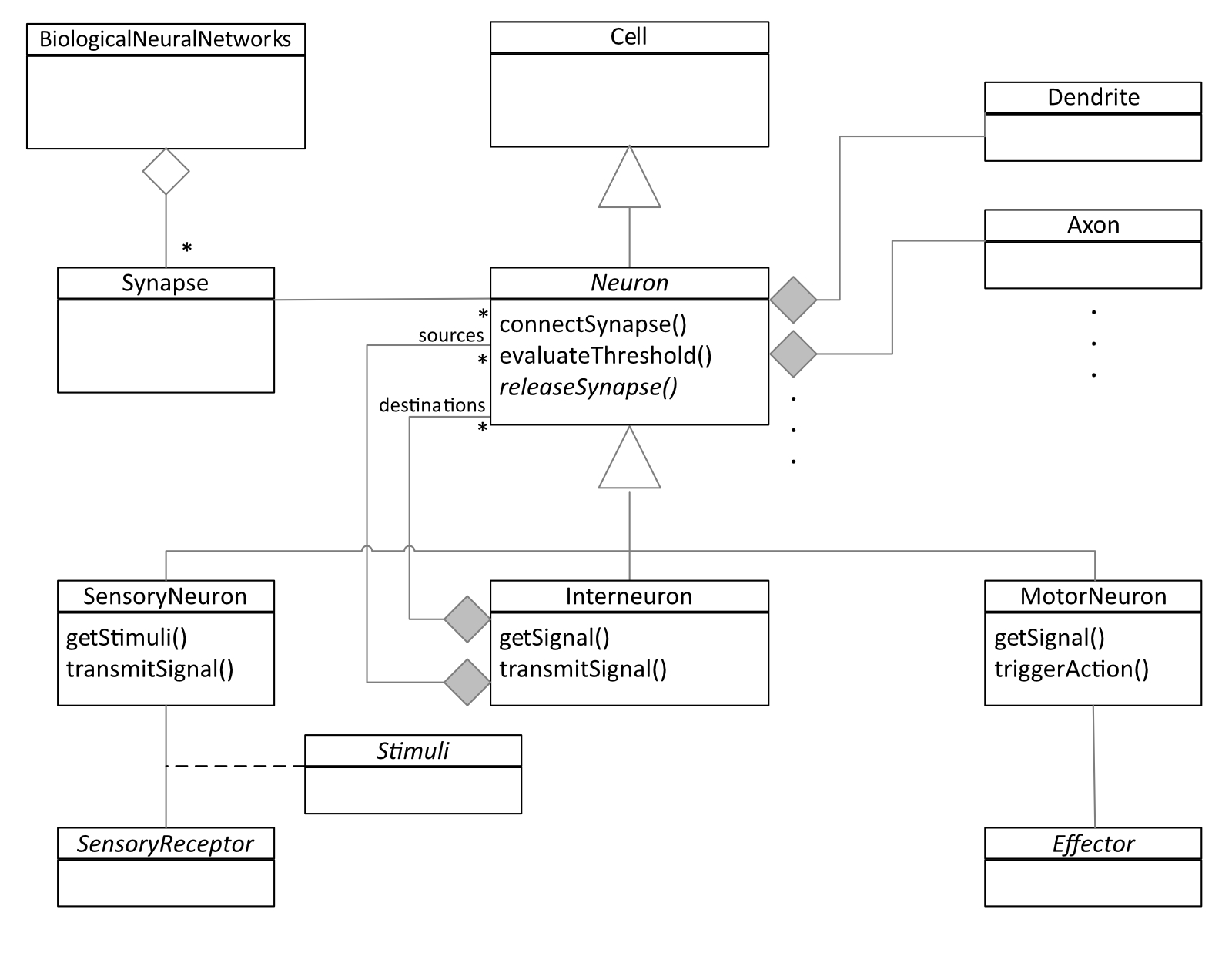 Figura 1 – Un diagramma UML delle classi che rappresenta una rete neurale biologica (BNN).